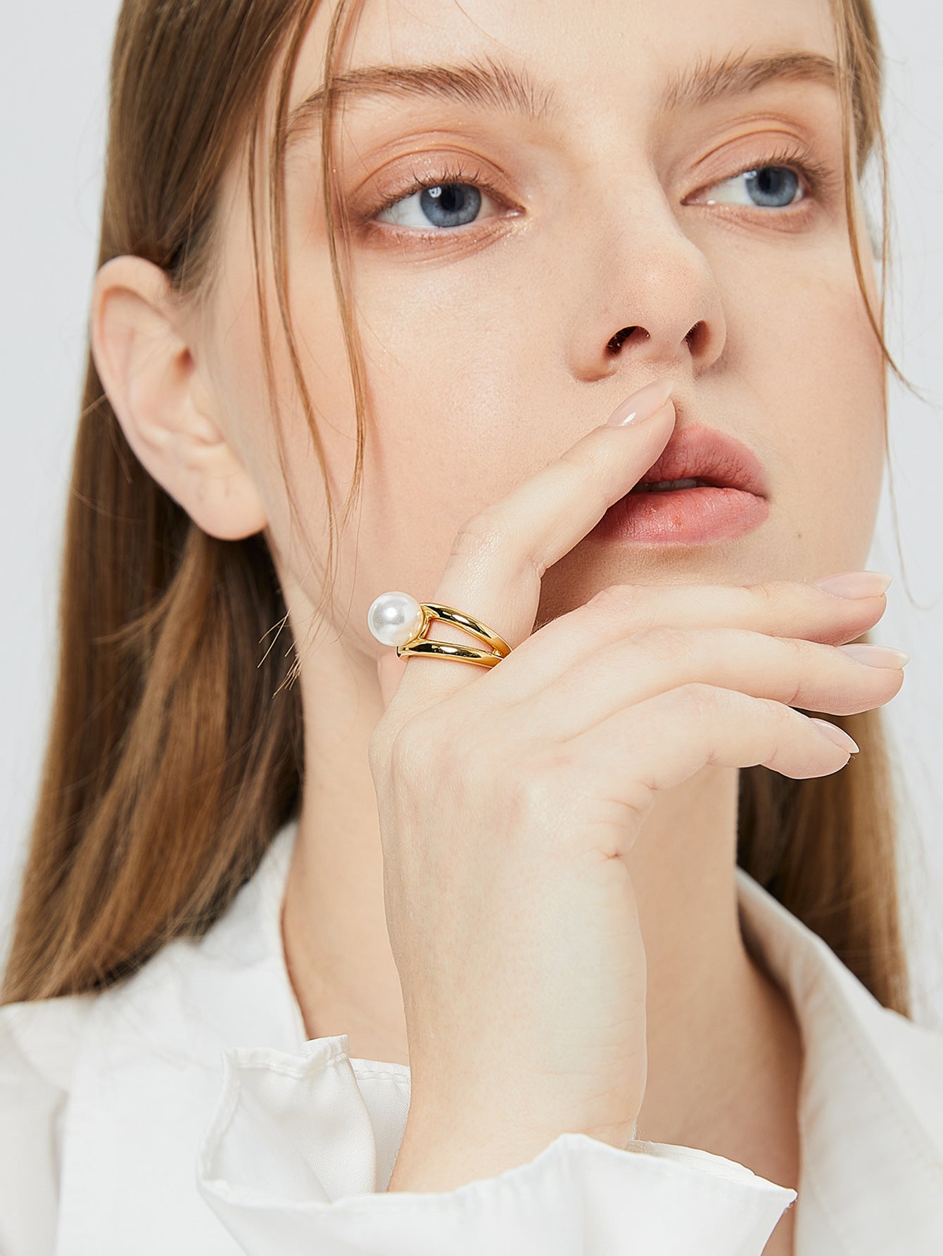 R0199Metal Open Ring Simulated Large Pearl Ring Simple