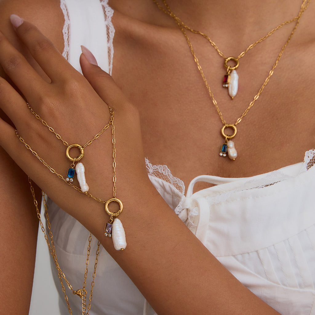 Twelve Birthstone Pearl Necklace Choker Stainless Steel Jewelry Collarbone Chain Accessory