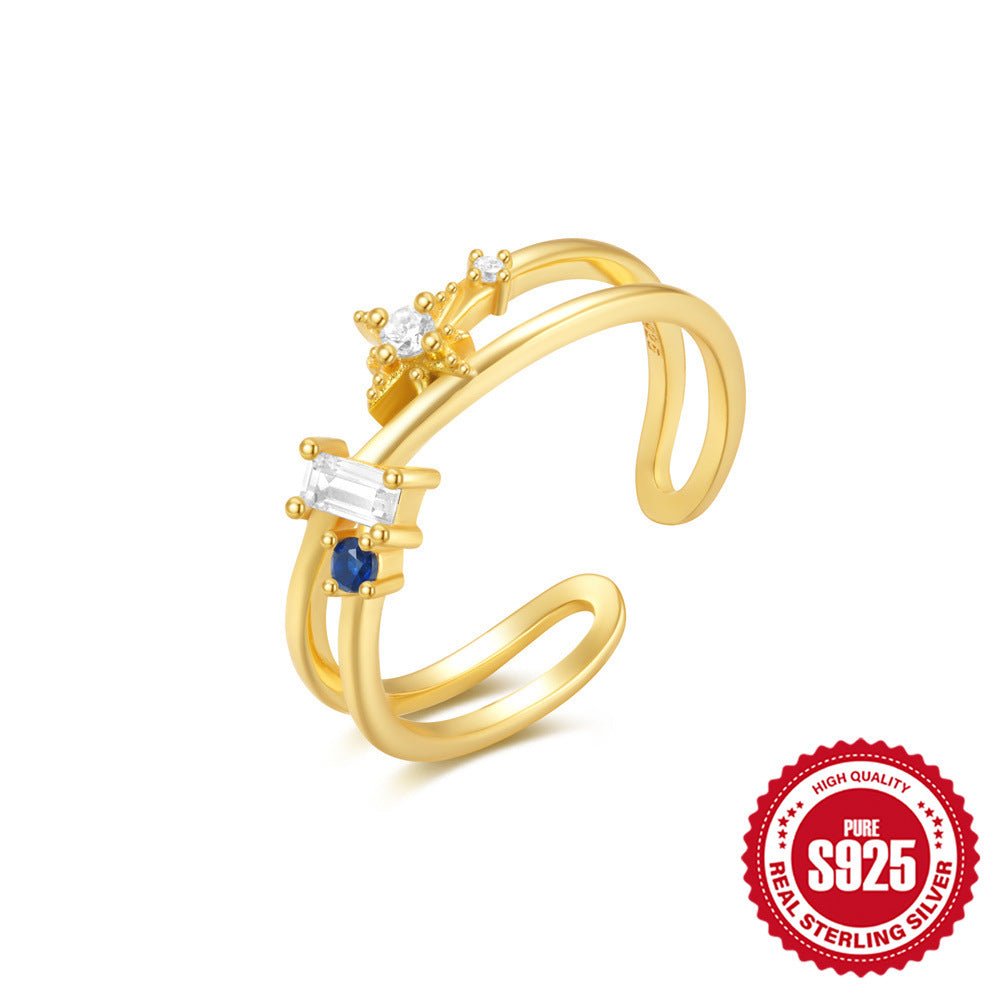 S925Sterling Silver Ring Micro Pave Colored Diamond Ring New Double Layer Design Sense Strong Open Ring