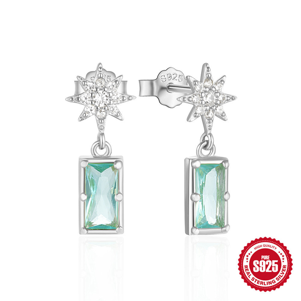 New S925Sterling Silver Octagonal Star Inlaid Diamond Sapphire Earrings Stud Earrings Hot-Selling Super Sparkling Ear Jewelry