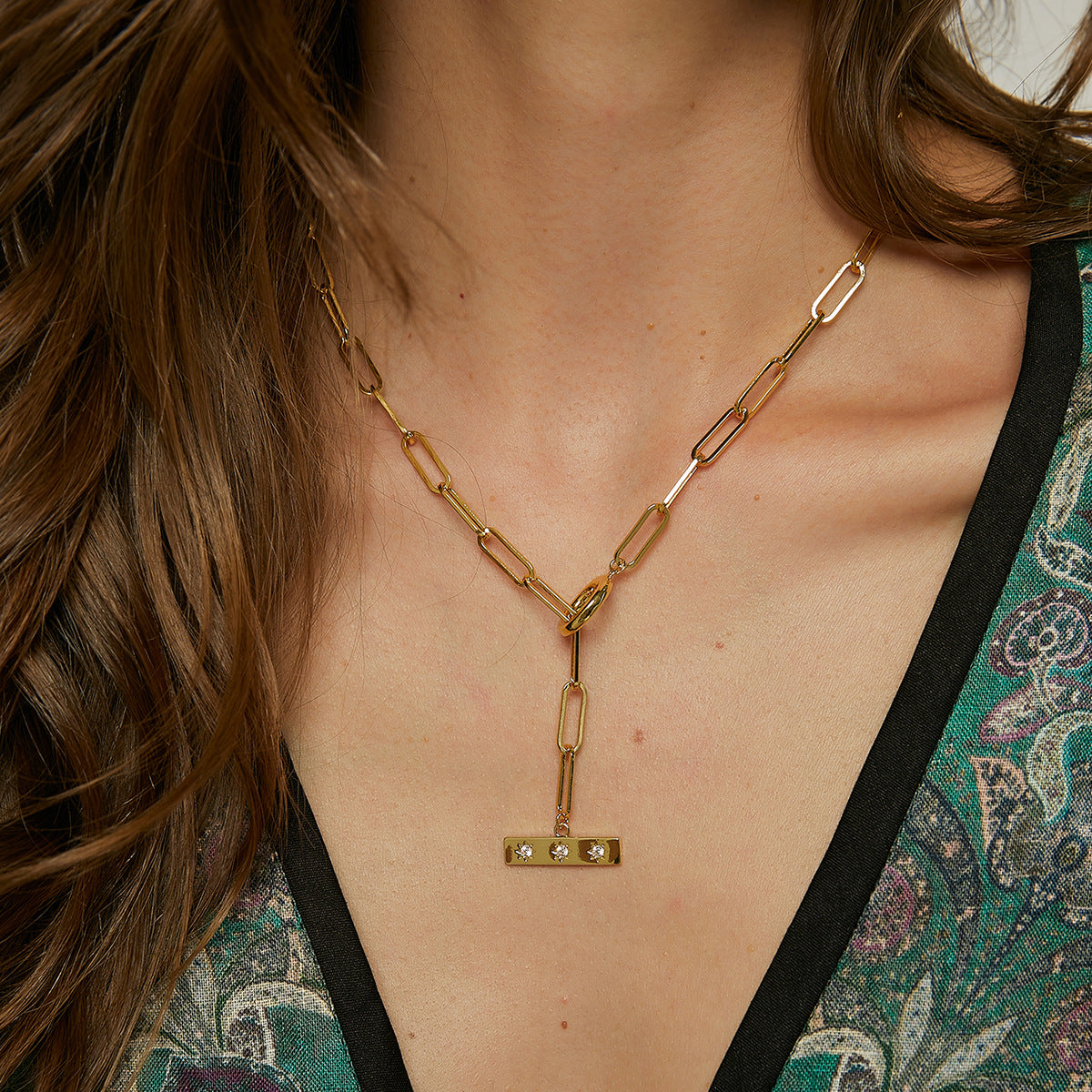 N0195 Copper plating18K gold Paper Clips Square Brand Star Inlaid with Zirconia OT Couple Necklace Jewelry