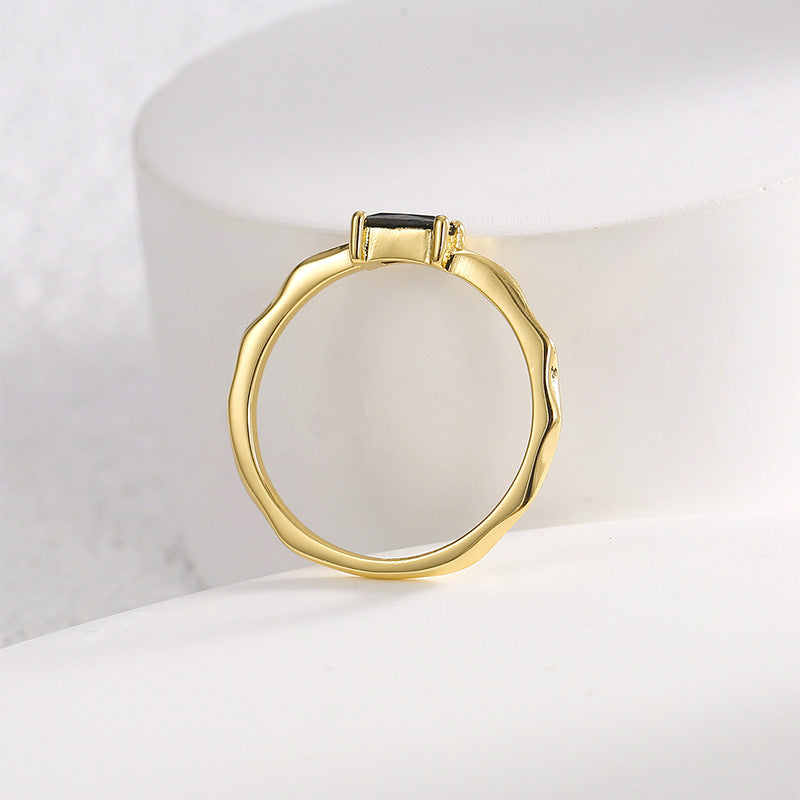 R0474 French Style Simple Elegant Fashion Design Ring for Women, Copper Plated with Real Gold, Inlaid with Black Zircon