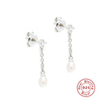 S925Sterling Silver Tassel Inlaid Diamond Pearl Stud Earrings Korean Minimalist Earrings Ear Thread