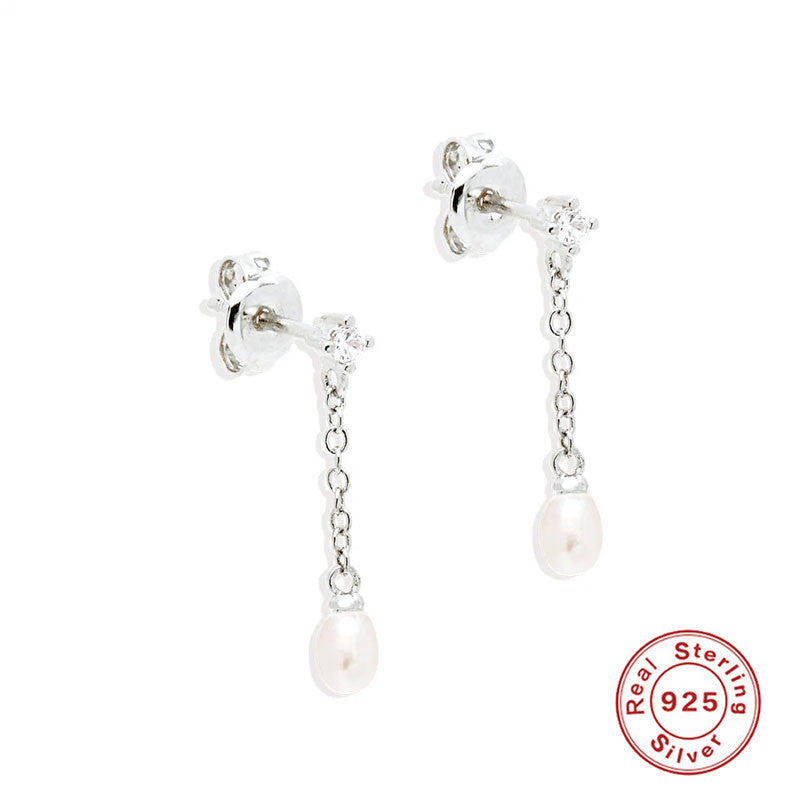 S925Sterling Silver Tassel Inlaid Diamond Pearl Stud Earrings Korean Minimalist Earrings Ear Thread