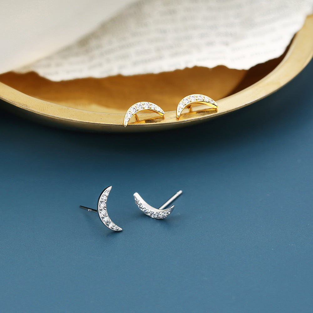 Charm&In Gold-Plated Zircon Crescent Earrings for Women Silver Ear Studs Moon Zircon Ear Bone Studs Ear Jewelry