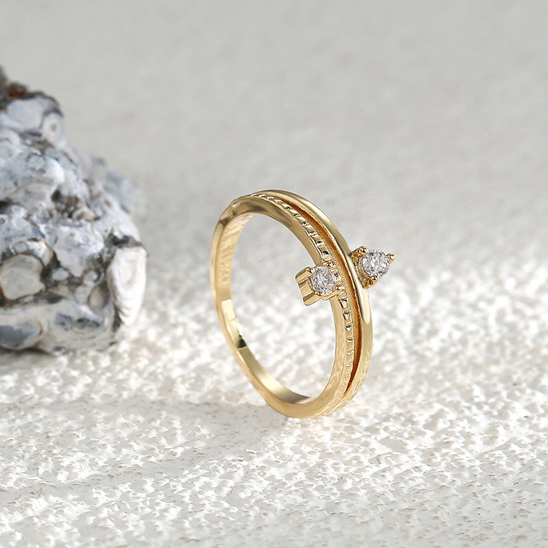 R0244 Brass Gold-Plated Joint Ring One-Piece Wholesale Fashion Personality Double Zirconia Ring