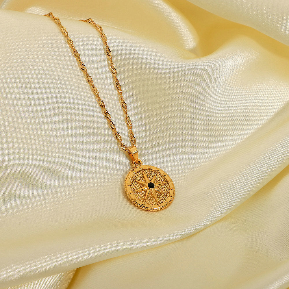 Street Trend Unisex Pendant Necklace Round Eight-Pointed Star Black Diamond Stainless Steel Water Wave Chain