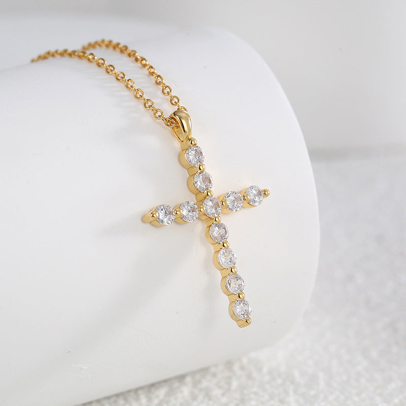 N0248 Fashion Plated18K Gold Cross Zircon Pendant Necklace for Women Versatile Necklace