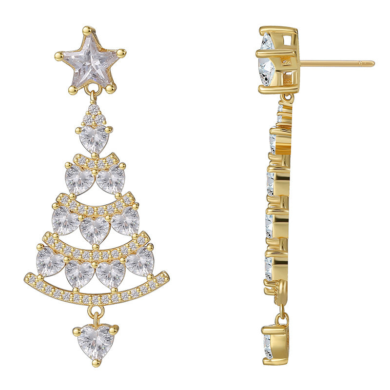 E0541 Christmas Fashion Christmas Tree Earrings for Women Copper Gold Plated Zirconia Drop Earrings