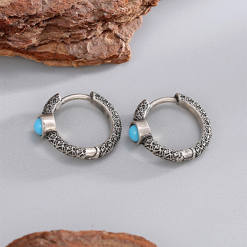 E0722 Fashion Retro Irregular Texture Earrings for Women Simple Blue Turquoise Silver Plated Ear Jewelry