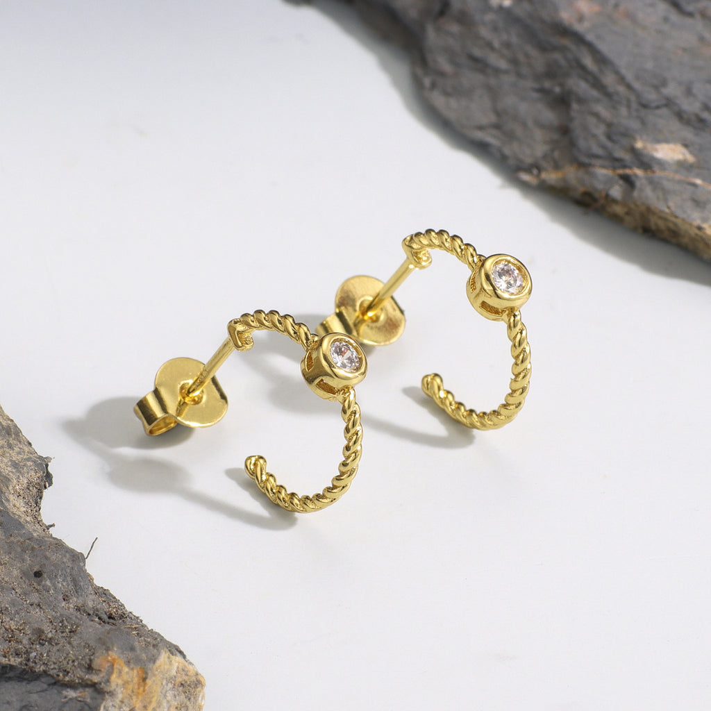 Elegant Minimalist Style Small Threaded Diamond-Encrusted Earrings for Women, Braided Design Round Twist Rope Stud Earrings