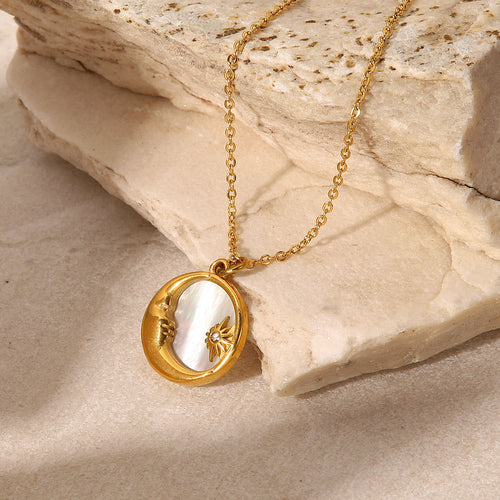 Crescent Moon Mother-of-Pearl 18K Gold-Plated Stainless Steel Pendant Necklace — front view