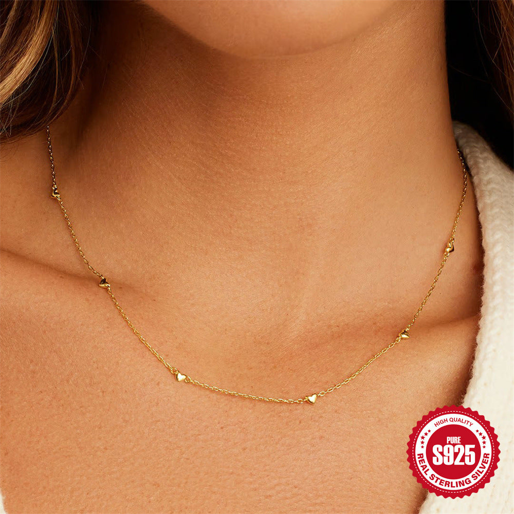 S925 Sterling Silver Heart Layered Necklace Collarbone Chain