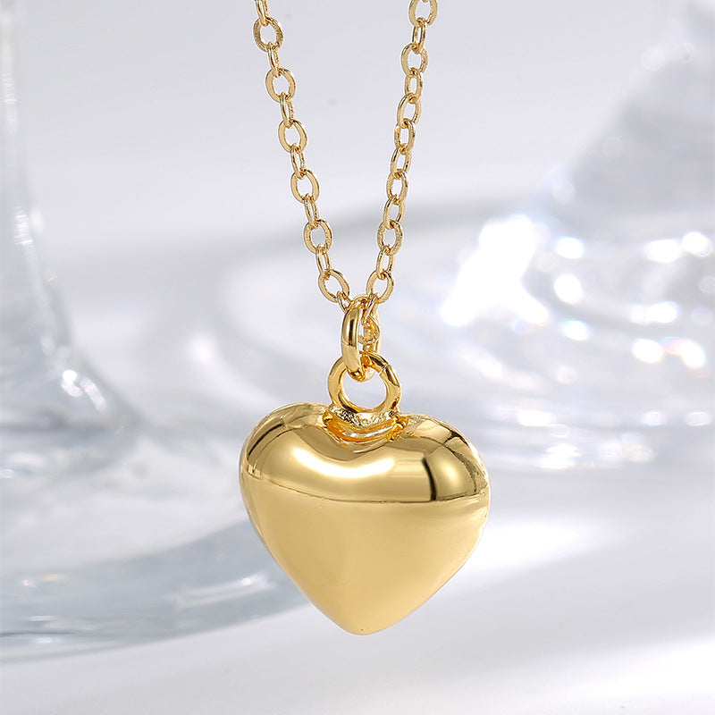 N0294 Simple Versatile Heart Pendant Necklace for Women Brass Gold-Plated Smooth Surface 3D Heart Fashion Necklace