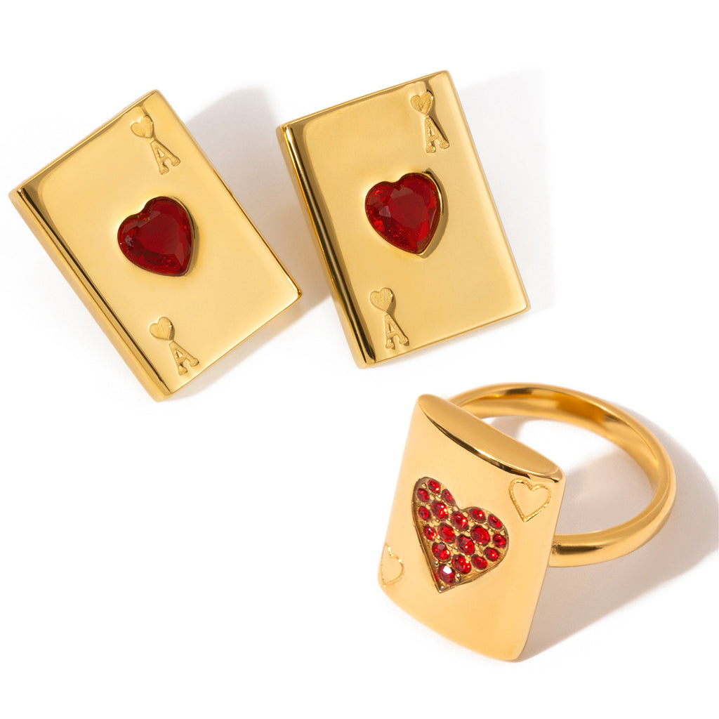 Heart-shaped Earrings Playing Cards Stainless Steel Zircon Ring Bracelet Non-fading Jewelry