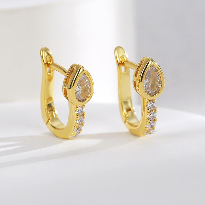 E0499 Simple Earrings for Women, Brass Gold-Plated Water Drop Shape with White Zirconia Ear Clips