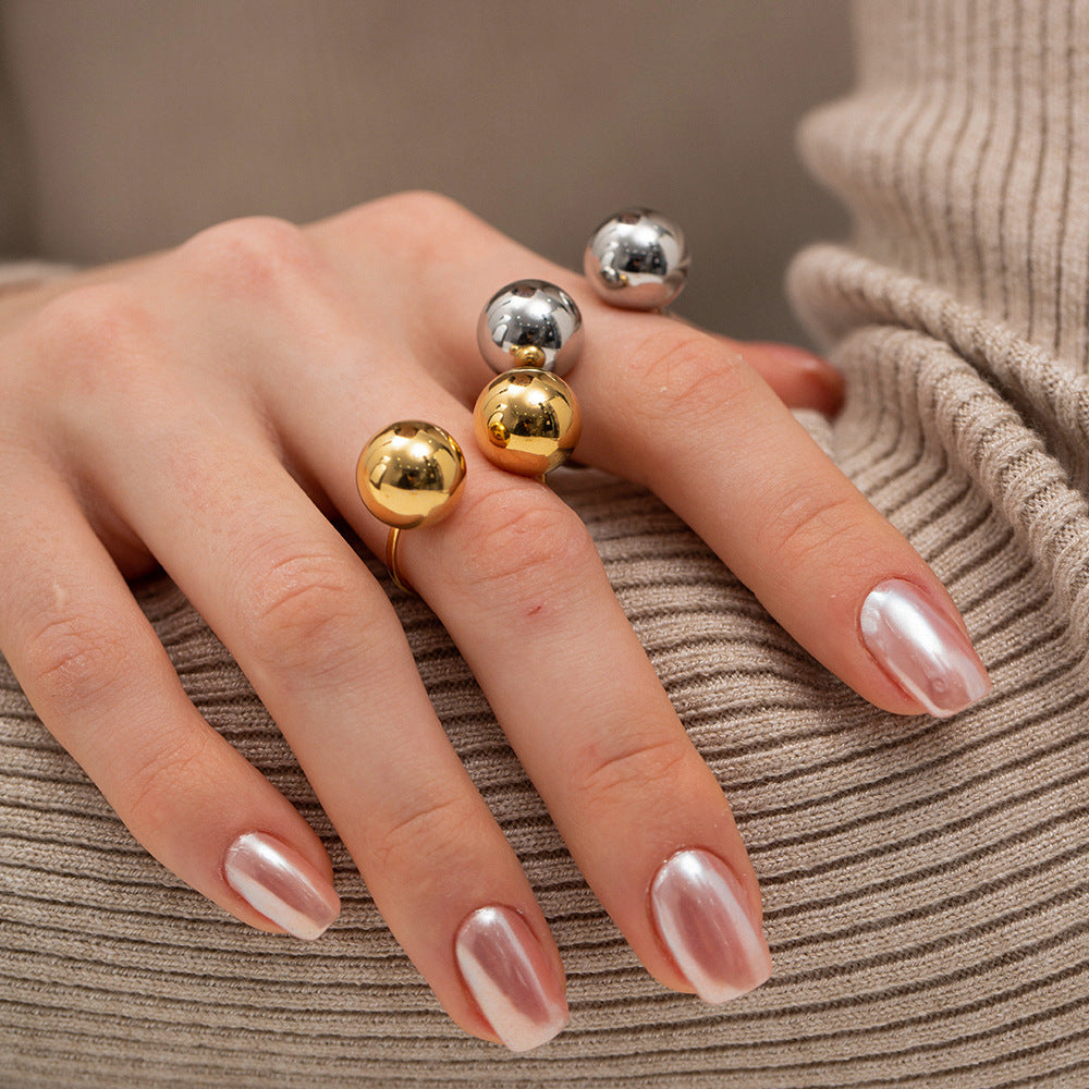 2H Non-Fading Steel Color Stainless Steel Double Large Ball Open Ring2025Fashionable and Unique Trendy Accessories