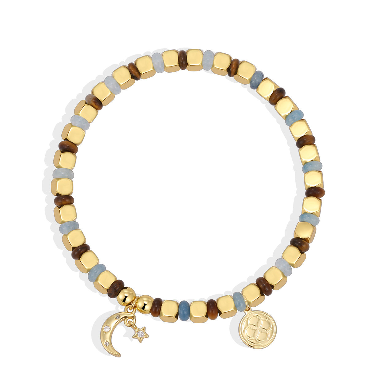 B0276 Vintage Star and Moon Inlaid Zircon Beaded Chalcedony Tiger Eye Stone Bracelet Trendy