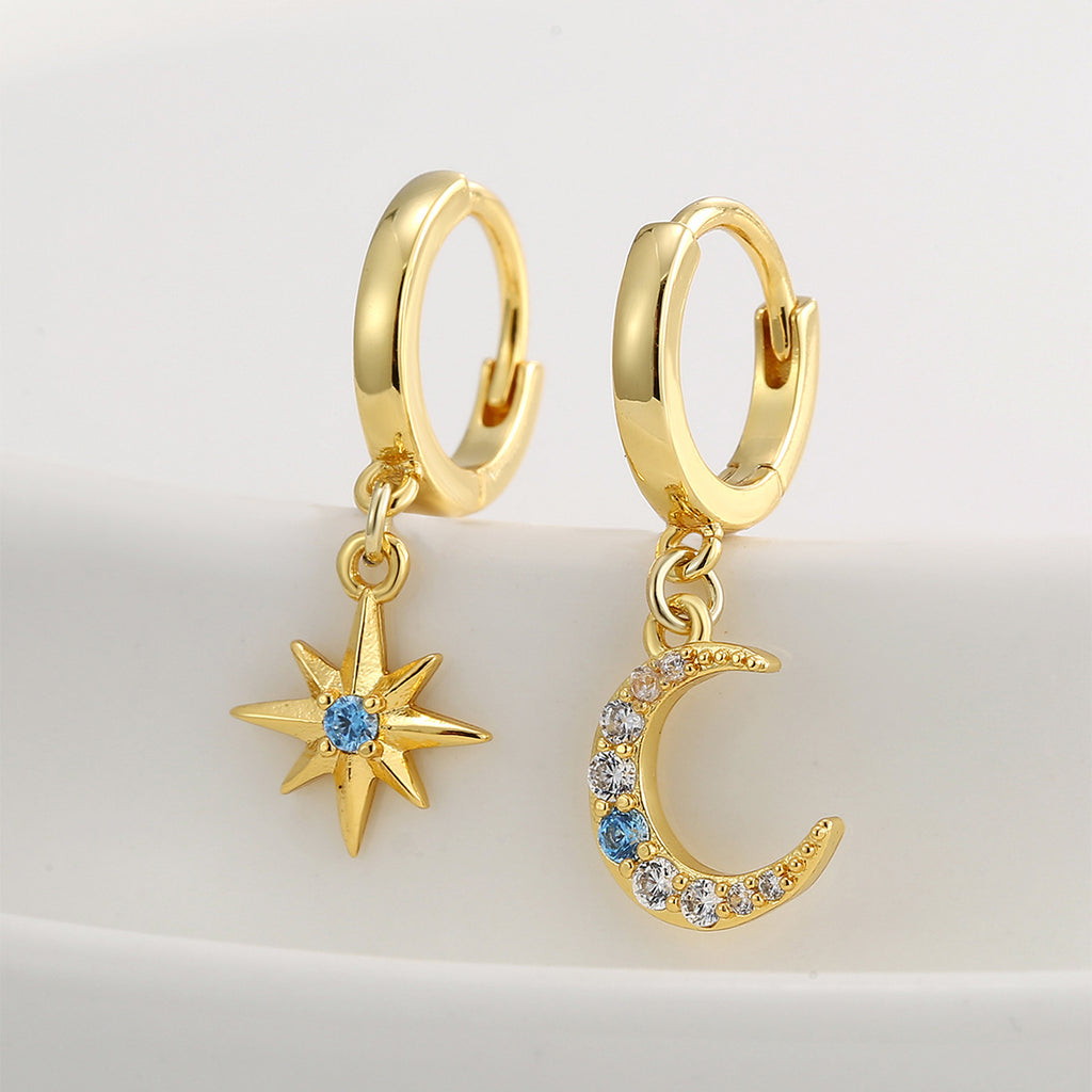 E0753 Dongdaemun Retro Fashion Design Earrings for Women New Star and Moon Inlaid Zircon Trendy Drop Earrings