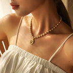 2H  Fashion Trendy Style18k Gold Stainless Steel Inlaid Pearl Coin Pendant Necklace Jewelry