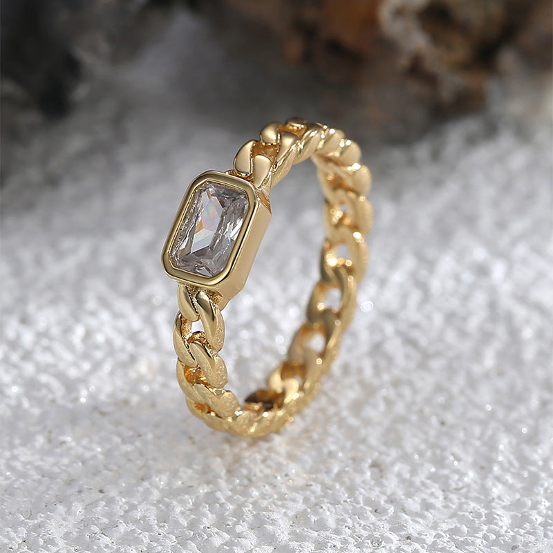 R0585 Trendy Cool Hip-Hop Chain Ring for Women Vintage Square Zircon Inlaid Ring