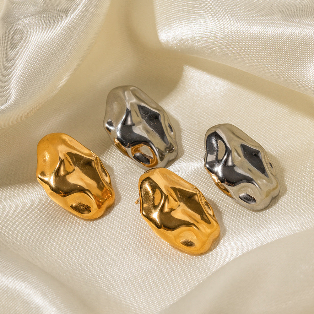 18K Gold-plated Stainless Steel Irregular Hammered Stud Earrings for Women Fashion Non-fading Earrings
