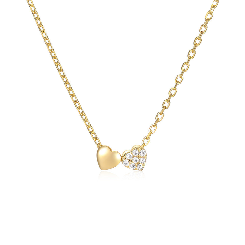 S925 Sterling Silver Double Heart Collarbone Necklace With Diamond