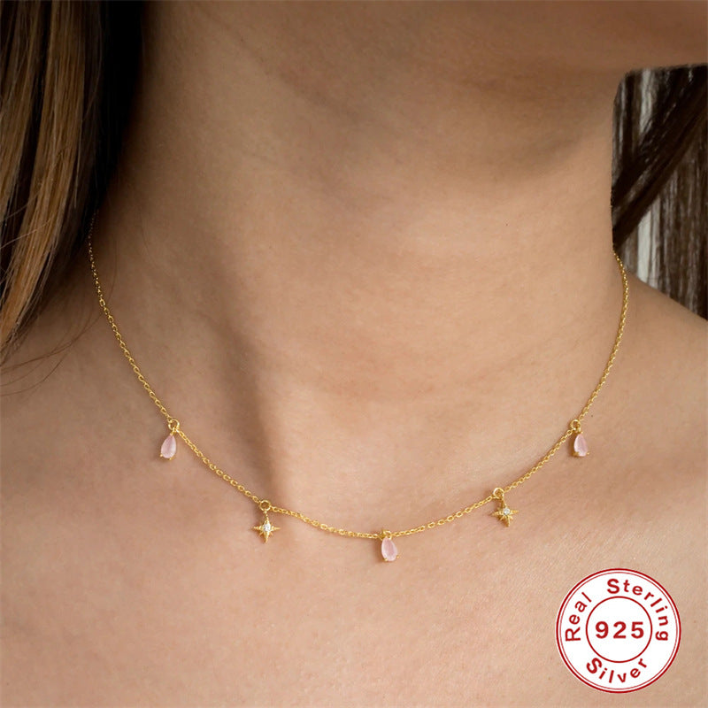 Sterling Silver Water Drop Inlaid Diamond Star Collarbone Necklace 40 5cm