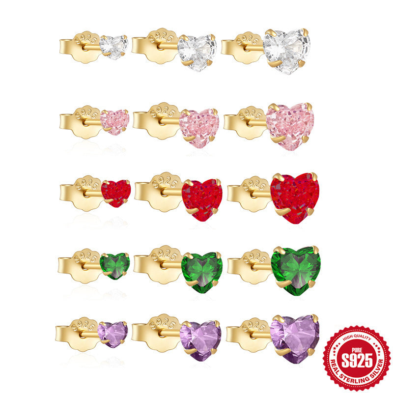 925Sterling Silver Classic Heart-Shaped Diamond-Studded Women's Earrings Set of Three Hot-Selling Ear Jewelry