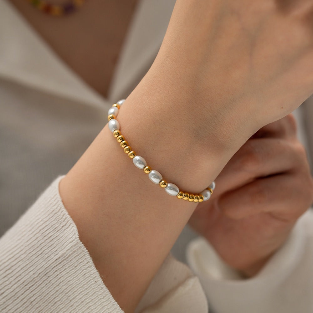 18K Gold Bracelet Glass Pearl Rice Bead Bracelet Fashionable Versatile Non-Fading Bracelet Jewelry