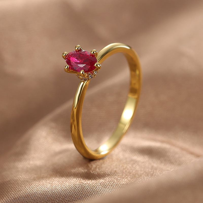 R0382 Design Ring Female Brass Gold Plated Inlaid Red Zircon Joint Ring