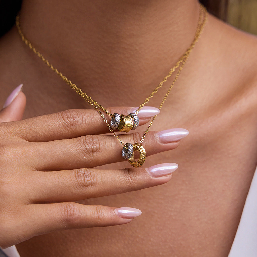 2H Color Block Circle Necklace Accessories Women's Collarbone Chain Stainless Steel Necklace Women