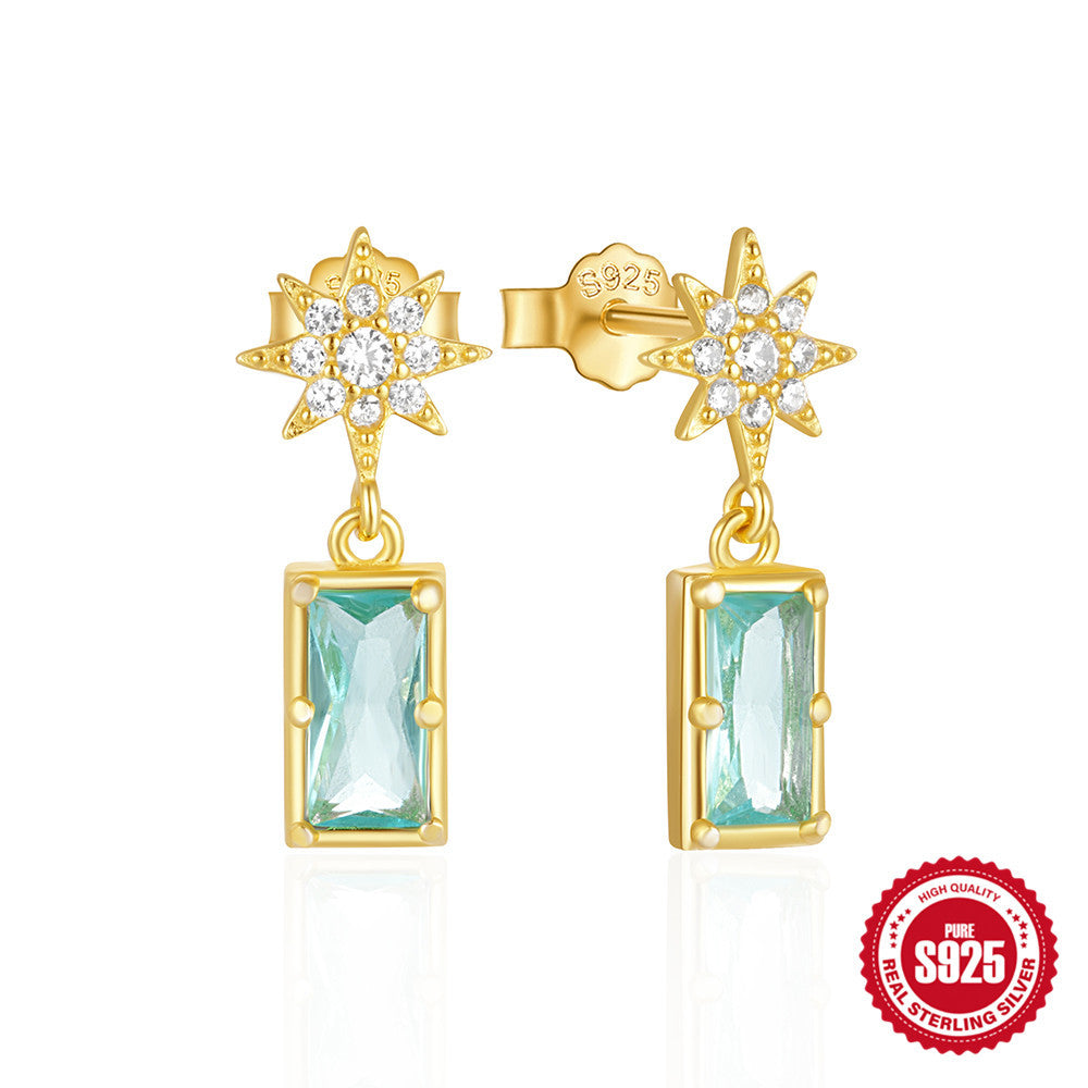 New S925Sterling Silver Octagonal Star Inlaid Diamond Sapphire Earrings Stud Earrings Hot-Selling Super Sparkling Ear Jewelry