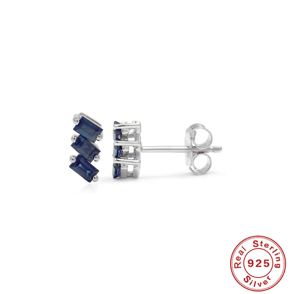 S925Sterling Silver Inlaid Three Asymmetric Rectangular Zircon Stud Earrings Vintage Diamond-Encrusted Ear Jewelry