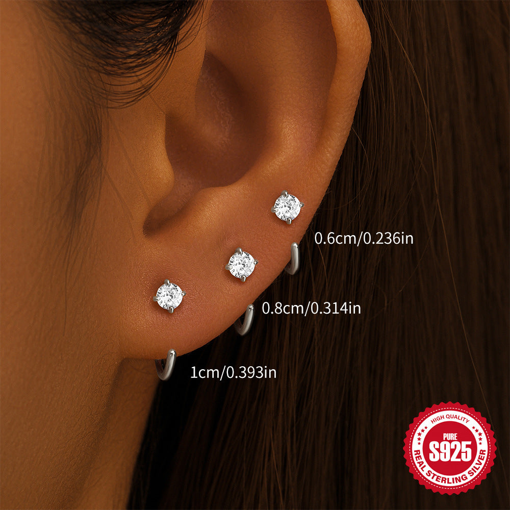 New S925Sterling Silver C Four-Prong Diamond-Studded Piercing Threader Ear Clip Earrings Set Hot-Selling Creative Earrings