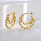 E0525 Fashion Geometric Three-Circle Earrings for Women, Copper Gold-Plated with Micro-Inlaid White Zircon, Elegant Ear Jewelry