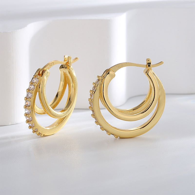 E0525 Fashion Geometric Three-Circle Earrings for Women, Copper Gold-Plated with Micro-Inlaid White Zircon, Elegant Ear Jewelry