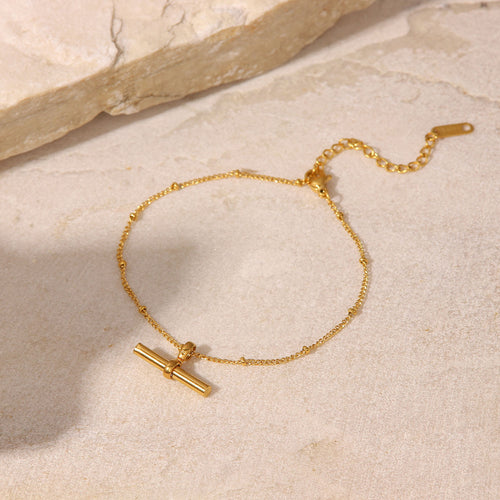 18K Gold-Plated Brass T-Bar Beaded Anklet in a gold-tone brass finish