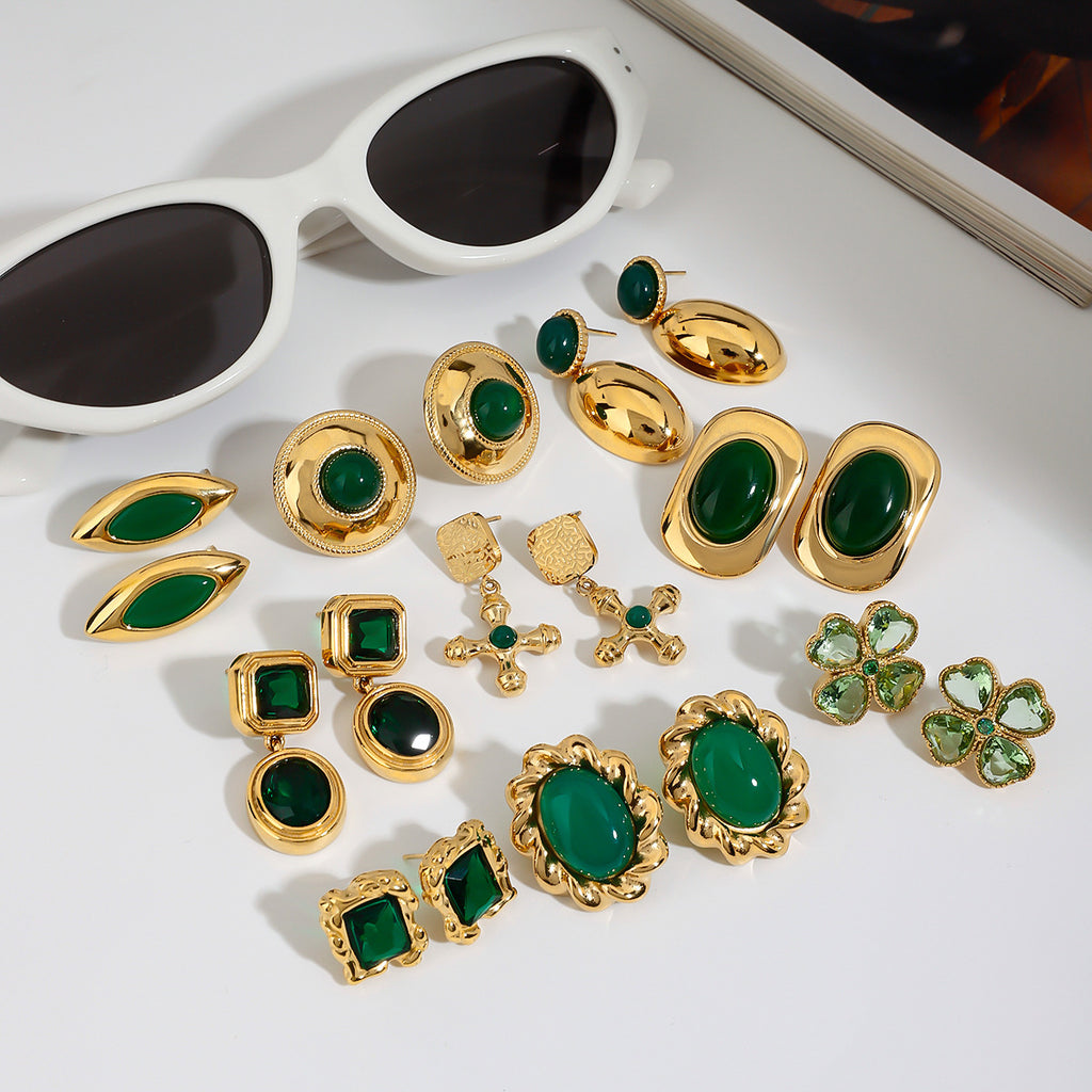 Stainless Steel Earrings Jewelry Green Agate Earrings Non-Fading