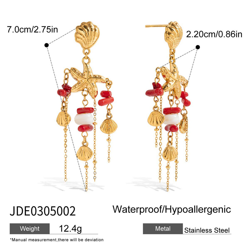 2H Stainless Steel Coral Tassel Earrings Stud Conch Ear Jewelry Accessories