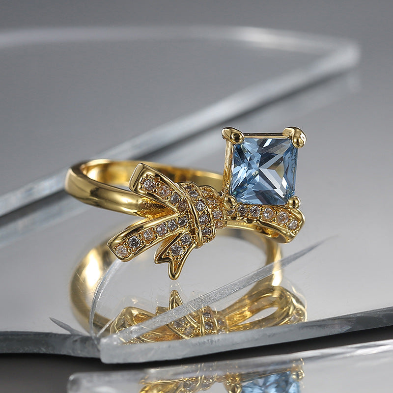 R0492 Design Gift Knot Ring Female Brass Gold Plated Inlaid Blue Square Zircon