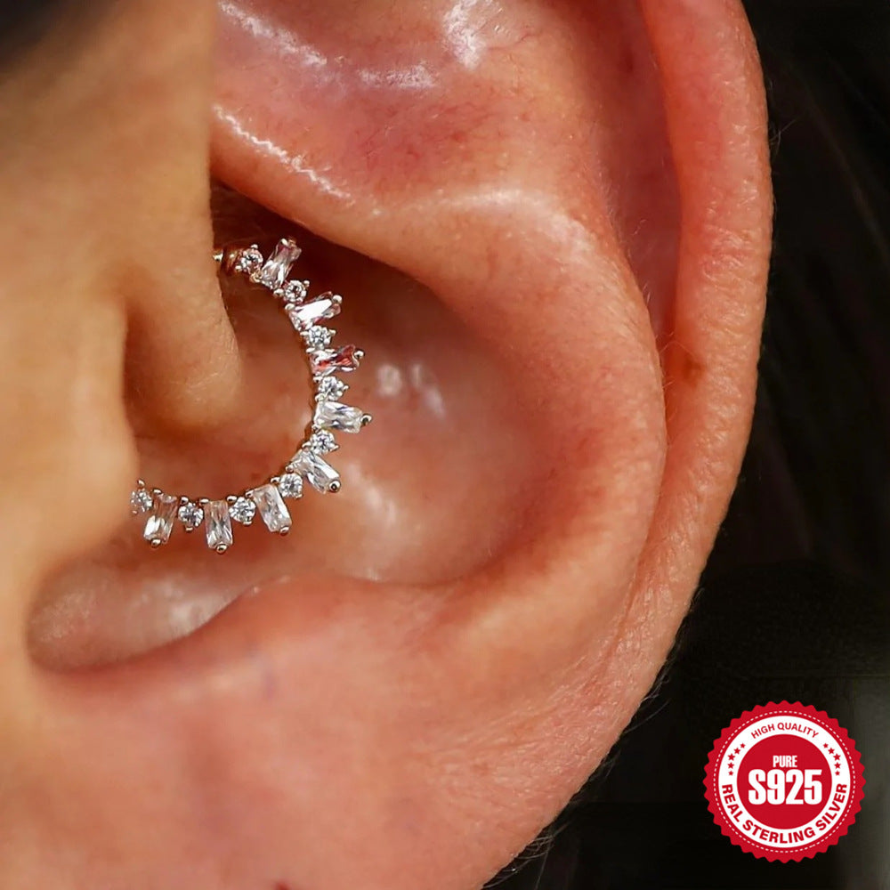 S925Sterling Silver Style Inlaid Diamond Round Soft Bone Earrings Stud Fashion Body Piercing Nose Ring Ear Bone Stud