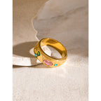 2H 18K Gold Stainless Steel Zircon Ring for Women Hammered Texture with Pink Zircon and Blue Green Zircon Ring