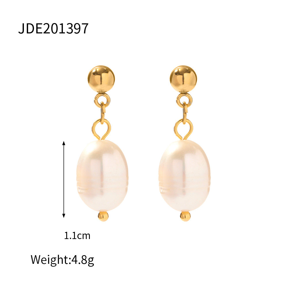 Stainless Steel Freshwater Pearl Earrings Fashion New Women's Large Pearl c Pendant Earrings Jewelry