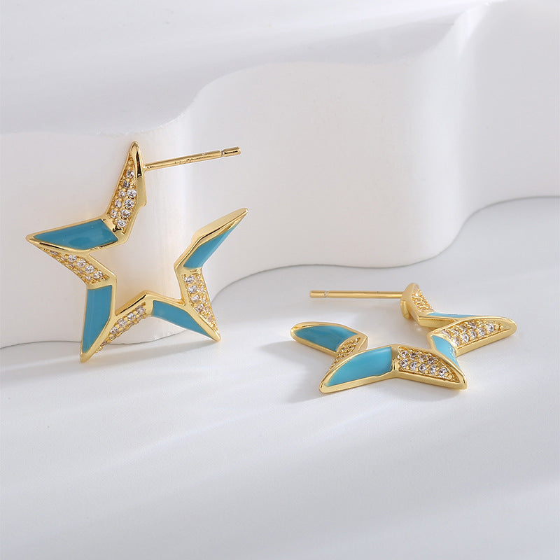 E0498 Fashion Five-Pointed Star Simple Resin Earrings for Women Copper Gold-Plated Zircon Star Earrings