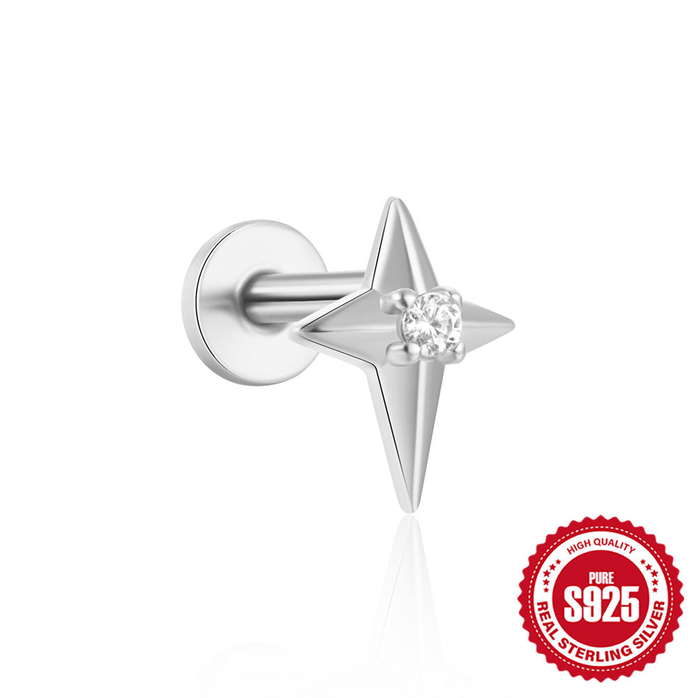 S925Sterling Silver Flat Threaded Piercing Chain Earrings Hot Sale Fashion Inlaid Diamond Opal Ear Bone Stud Earrings for Women