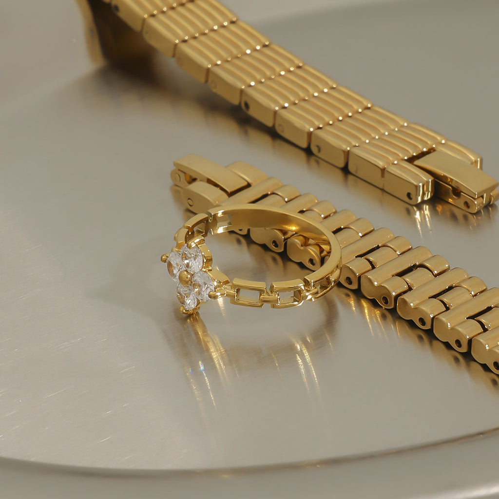 Stainless Steel Zircon Four-leaf Clover Ring Non-Fading Women's Design Jewelry