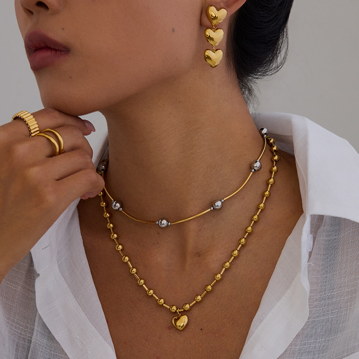 2H Stainless Steel Heart Necklace Simple Earrings Non-Fading Jewelry for Women