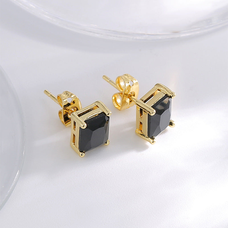 E0176 Korean Style Simple and Compact Design Earrings for Women gold Retro Inlaid Black Square Zircon Earrings