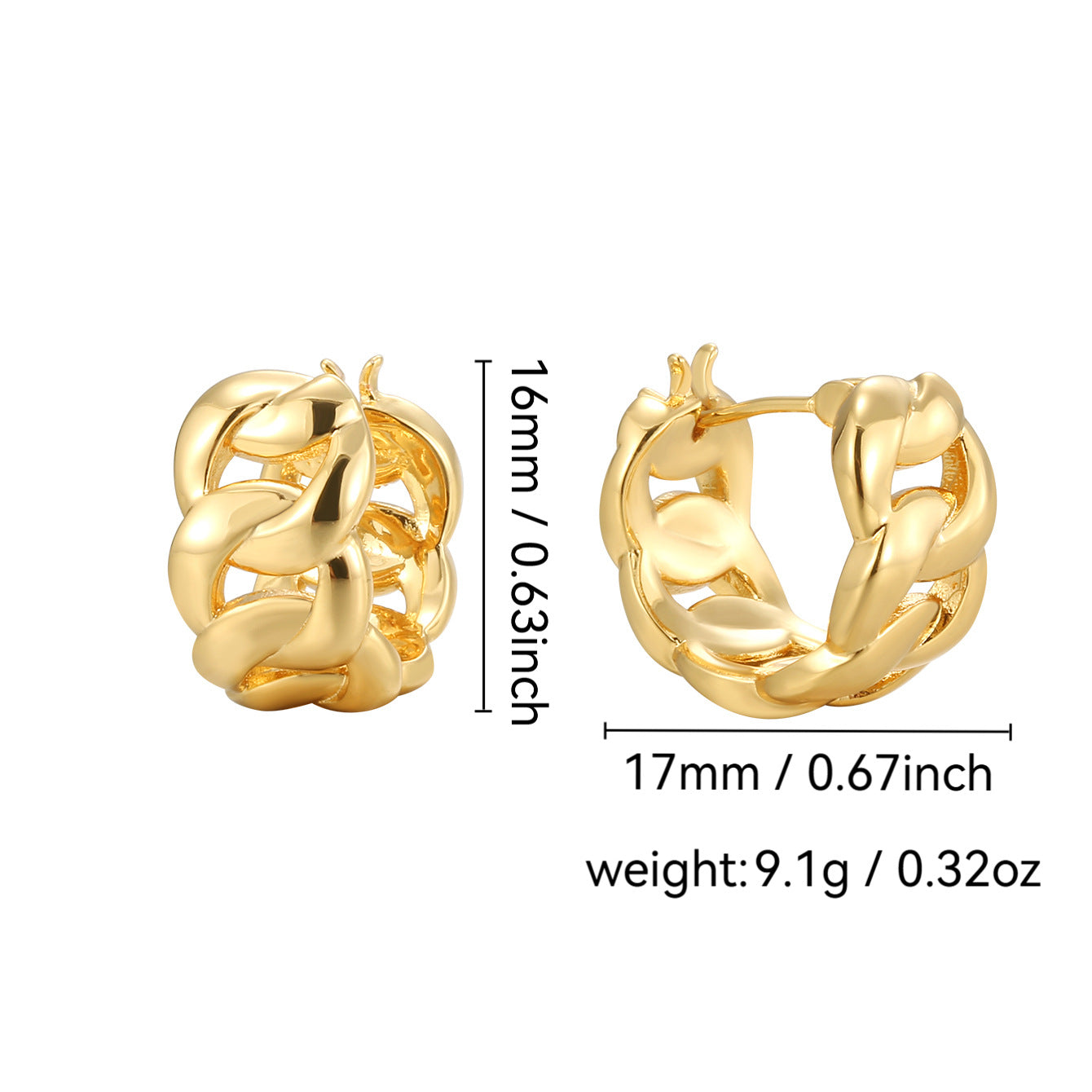 E0252 Vintage Interlocking Smooth Brass Gold-Plated Earrings for Women Hip-Hop Style Ear Jewelry